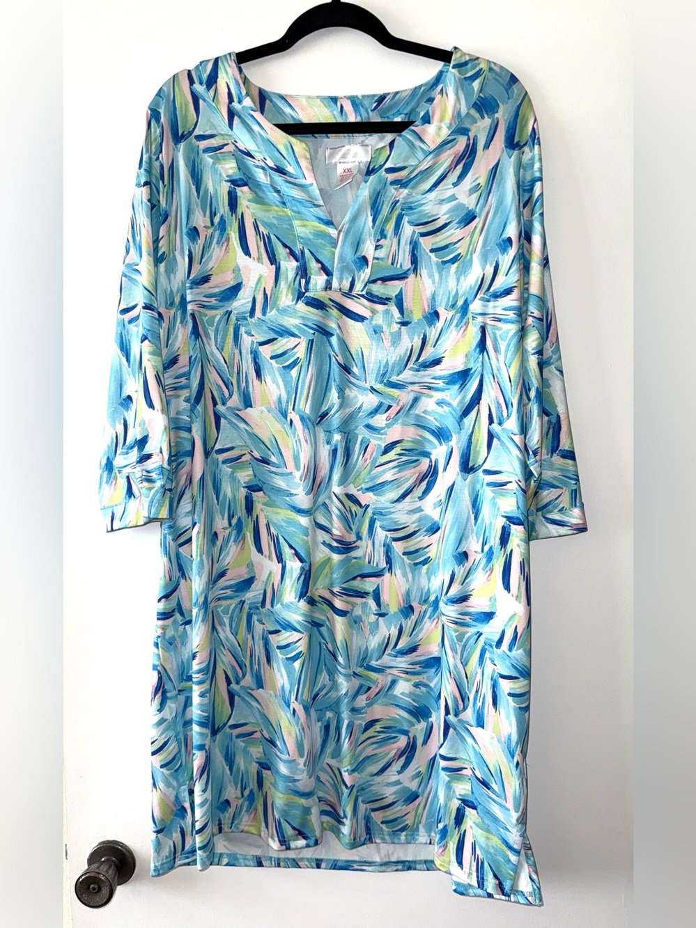 Stella Parker 3/4 sleeve yoke neck dress in blue tropical print, size XXL